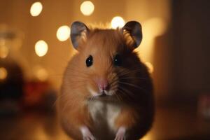 une mignonne hamster des stands droit et regards avec enthousiasme dans le caméra établi avec génératif ai technologie. photo