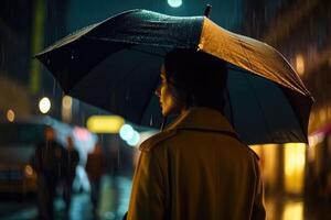 une Jeune femme avec un parapluie vu de derrière des promenades dans une moderne ville à nuit et lourd pluie établi avec génératif ai technologie. photo