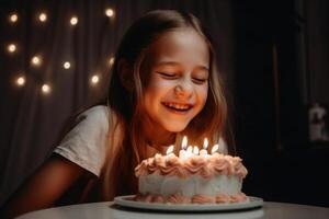 une content en riant enfant avec une anniversaire gâteau établi avec génératif ai technologie. photo