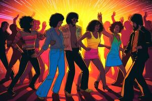 gens dansant dans un Années 80 disco établi avec génératif ai technologie. photo