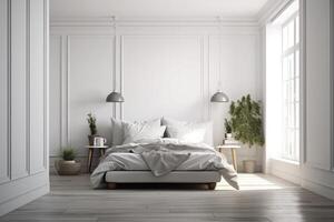 rétro style dans magnifique lit pièce intérieur avec blanc vide mur . ai généré photo