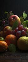 une groupe de des fruits et des légumes avec gouttes de l'eau. génératif ai photo