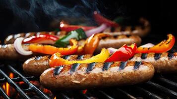 grillé saucisses et des légumes sur une flamboyant un barbecue gril. une délicieux nourriture affiche pour été à manger. génératif ai photo