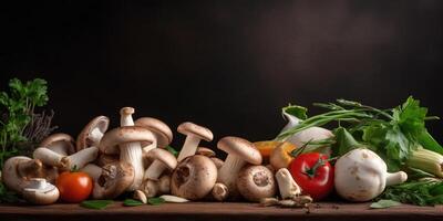 champignon végétarien Cadre. Frais biologique des légumes et champignons sur foncé Contexte. parfait pour sain nourriture thèmes. génératif ai photo