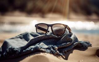 encore la vie photo de des lunettes de soleil plus de une plage serviette et sable. été encore la vie concept. génératif ai.
