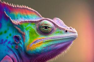 fermer portrait de une caméléon avec brillant exotique peau dans coloré couleurs. génératif ai illustration photo