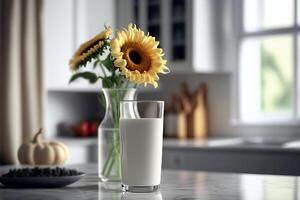 laitier gratuit tournesol des graines Lait remplacer les boissons et vase avec tournesol fleurs sur cuisine tableau. génératif ai illustration photo