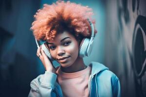 rêver noir femme avec lumière rose afro cheveux écoute chanson dans écouteurs. génératif ai illustration photo