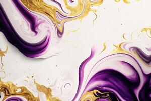 fluide art. liquide violet et or métallique abstrait s'égoutte et vague. génératif ai illustration photo