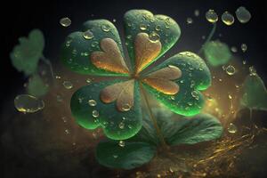 de fête Contexte avec brillant trèfle trèfles et d'or bokeh. st. patrick's journée toile de fond. génératif ai illustration photo