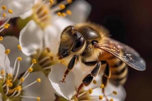 une abeille sur blanc fleur recueille pollen. génératif ai illustration photo