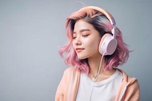 rêver asiatique femme avec lumière rose cheveux écoute chanson dans écouteurs. génératif ai illustration photo