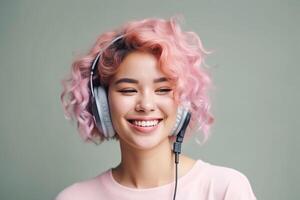 insouciant asiatique femme avec lumière rose cheveux écoute chanson dans écouteurs. monde la musique journée. génératif ai illustration photo