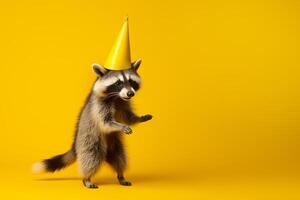 marrant raton laveur dans Jaune casquette danses sur Jaune Contexte. de fête fête concept. génératif ai photo