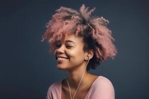 insouciant noir femme avec lumière rose afro cheveux écoute chanson dans écouteurs. monde la musique journée concept. génératif ai illustration photo