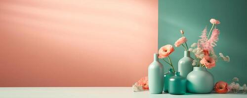 minimal maquette bannière avec pastel fleurs dans des vases pour La publicité et présentation. génératif ai illustration photo