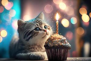 mignonne peu chaton avec anniversaire petit gâteau sur de fête bokeh Contexte. génératif ai illustration photo