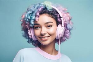 souriant asiatique femme avec violet cheveux écoute chanson dans écouteurs. génératif ai illustration photo