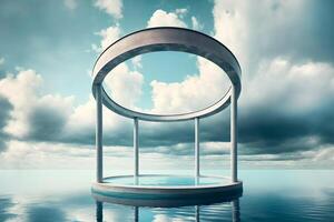 rotonde podium sur fantaisie surréaliste l'eau paysage, nuage ciel. génératif ai illustration photo