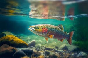 arc en ciel truite nage dans le l'eau colonne dans une Montagne rivière. sauvage poisson pêche concept. génératif ai illustration photo