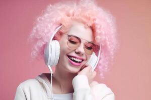 content blond femme avec rose cheveux écoute chanson dans écouteurs. génératif ai illustration photo