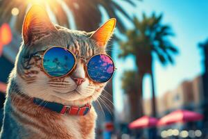 portrait de voyageur chat dans branché des lunettes de soleil dans recours ville. été vacances concept. génératif ai illustration photo