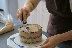 femme Pâtisserie chef lignes Chocolat crème sur Chocolat gâteau, fermer. gâteau fabrication processus, sélectif concentrer photo