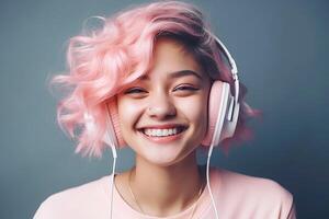 content asiatique femme avec rose cheveux écoute chanson dans écouteurs. génératif ai illustration photo