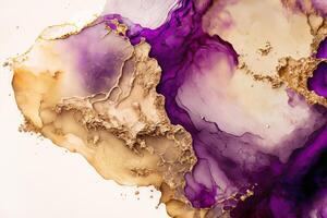 fluide art. liquide violet encre et or métallique abstrait s'égoutte et vague. génératif ai illustration photo