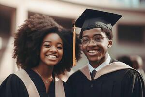 magnifique noir américain Jeune homme et femme portant une l'obtention du diplôme casquette. étude, éducation, diplômé concept. génératif ai illustration photo