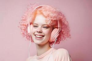 content gingembre femme avec rose cheveux écoute chanson dans écouteurs. génératif ai illustration photo