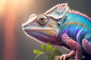 fermer portrait de une caméléon avec brillant exotique peau dans coloré couleurs. génératif ai illustration photo