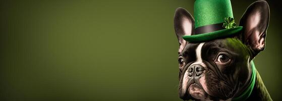 français bouledogue dans une vert brillant chapeau sur une de fête bokeh bannière. Saint patrick's journée fête concept. génératif ai illustration photo