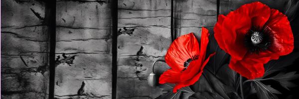 bannière avec rouge coquelicots comme une symbole de Mémoire pour le déchue dans le guerre. ve-jour, monde guerre souvenir journée. génératif ai illustration photo