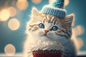 mignonne peu chaton avec anniversaire petit gâteau sur de fête bokeh Contexte. génératif ai illustration photo