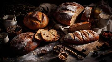 ai généré. ai génératif. une lot de différent Frais cuit pain des produits et déserts. boulangerie chaud ambiance. graphique art photo