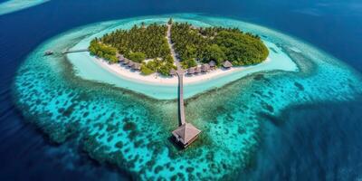 ai généré. ai génératif. aérien drone photo réaliste illustration de île Maldives dans cœur forme. paradis aventure vacances tropical ambiance. graphique art