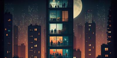 ai généré. ai génératif. dessin animé Jeu mixeur rendre ambiance illustration de lune et bâtiment avec personnes. graphique art photo