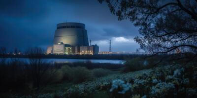 ai génératif, ai généré. nucléaire atomique Puissance plante électrique stration. foncé ambiance écologie danger ambiance. graphique art photo