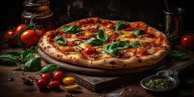 ai génératif. ai généré. photo réaliste illustration de savoureux italien Pizza famille dîner. graphique art