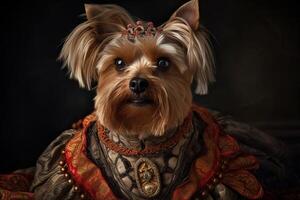 ai généré. ai génératif. La peinture de une Yorkshire terrier dans Renaissance Vêtements réaliste illustration. ancien rétro élite ambiance. graphique art photo