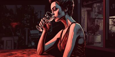 ai généré. ai génératif. rétro ancien jolie femme avec rouge du vin verre à nuit fête pub. romantique noir film ambiance. graphique art illustration. photo