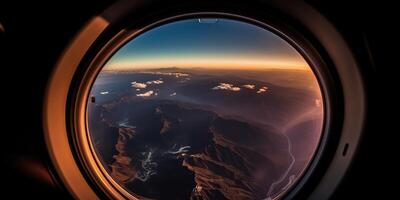 ai généré. ai génératif. photo réaliste illustration de des nuages au dessus ciel en haut dans le air vue par le air avion avion la fenêtre. aventure Voyage vacances ambiance. graphique art