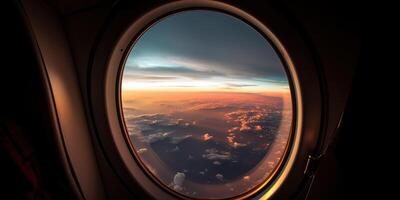 ai généré. ai génératif. photo réaliste illustration de des nuages au dessus ciel en haut dans le air vue par le air avion avion la fenêtre. aventure Voyage vacances ambiance. graphique art