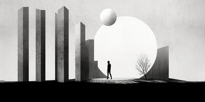 ai généré. ai génératif. surréalisme solitaire ambiance illustration avec une solitaire homme la personne dans Urbain ville minimal décoration. graphique art photo