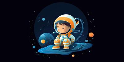 ai généré. 2d garçon enfant la personne homme personnage à lune galaxie. astronaute dans galaxie espace. ai génératif. graphique art photo