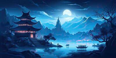 ai généré. asiatique chinois dessin animé style bleu couleurs pagode temple la tour paysage. ai génératif. graphique art photo