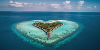 ai généré. ai génératif. aérien drone photo réaliste illustration de île Maldives dans cœur forme. paradis aventure vacances tropical ambiance. graphique art