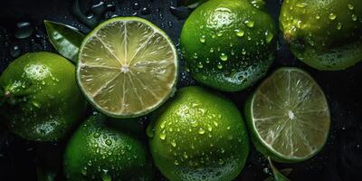 ai génératif. ai généré. macro coup la photographie de tranches citrons verts vert tropical des fruits. graphique art photo