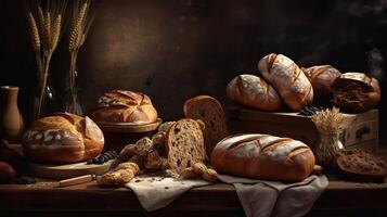 ai généré. ai génératif. une lot de différent Frais cuit pain des produits et déserts. boulangerie chaud ambiance. graphique art photo